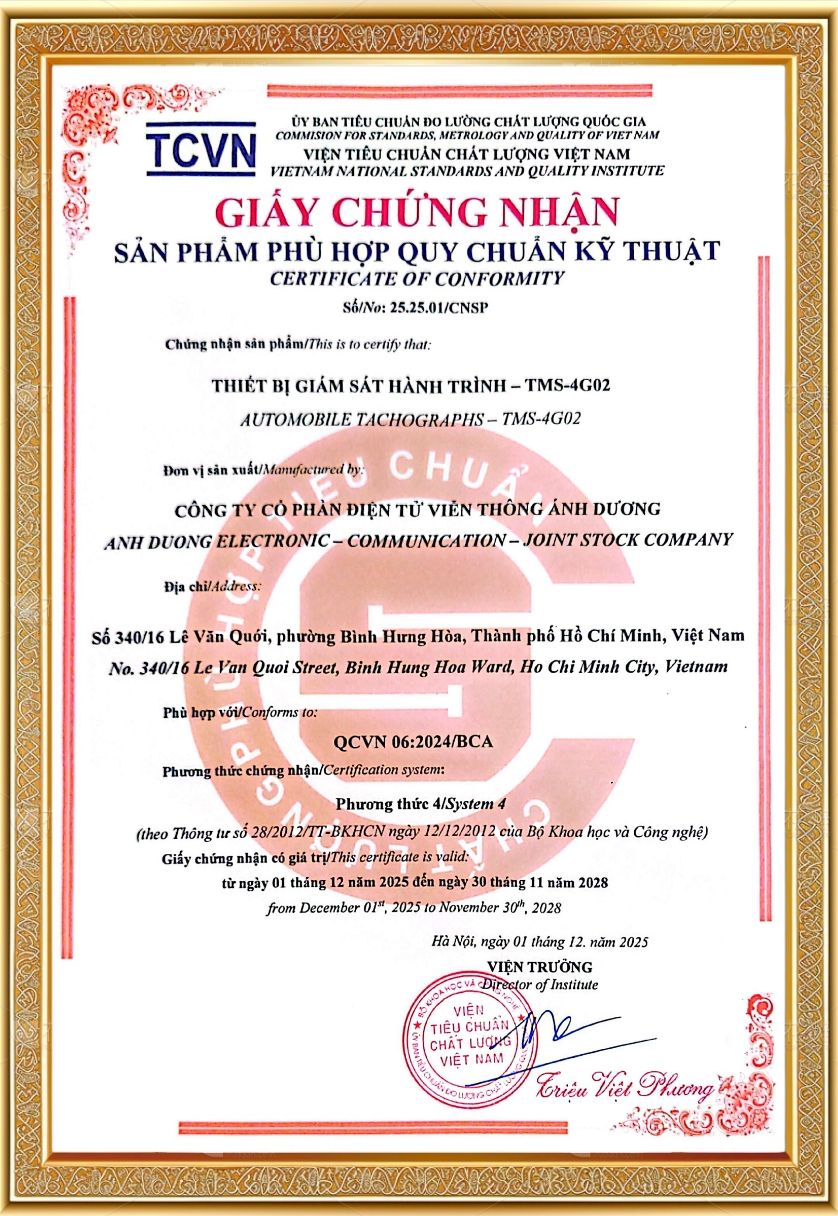 Giấy chứng nhận hợp chuẩn QCVN 06:2024/BCA của thiết bị TMS-4G02