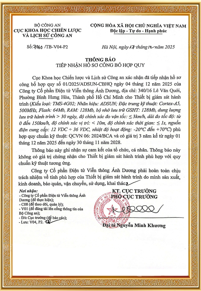 Giấy c&ocirc;ng bố hợp quy QCVN 06:2024/BCA của Adsun