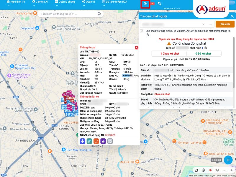 Kiểm tra phạt nguội trực tiếp trên web quản lý Adsun-1