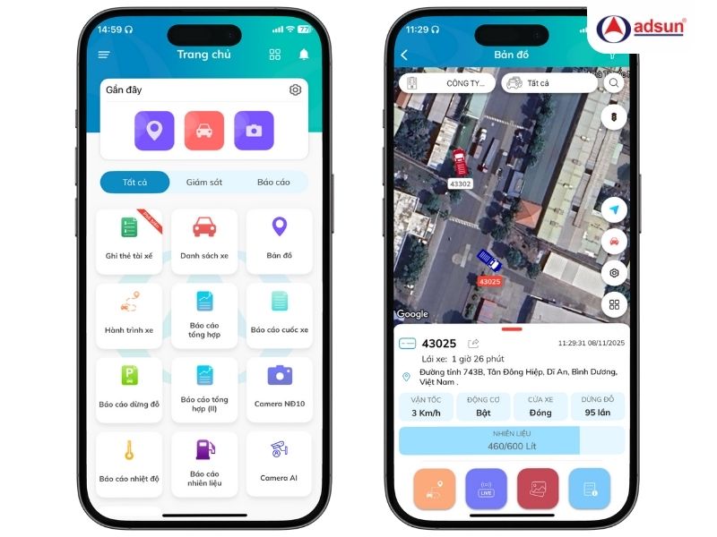 Ứng dụng quản lý & giám sát xe trực tuyến của Adsun Ứng dụng quản lý & giám sát xe trực tuyến của Adsun
