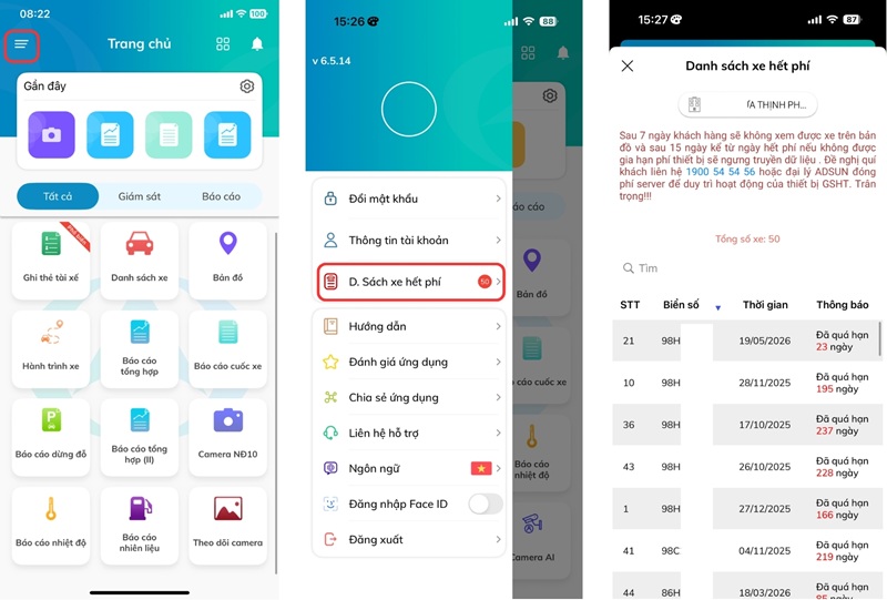 5.2 app Danh sách xe hết phí