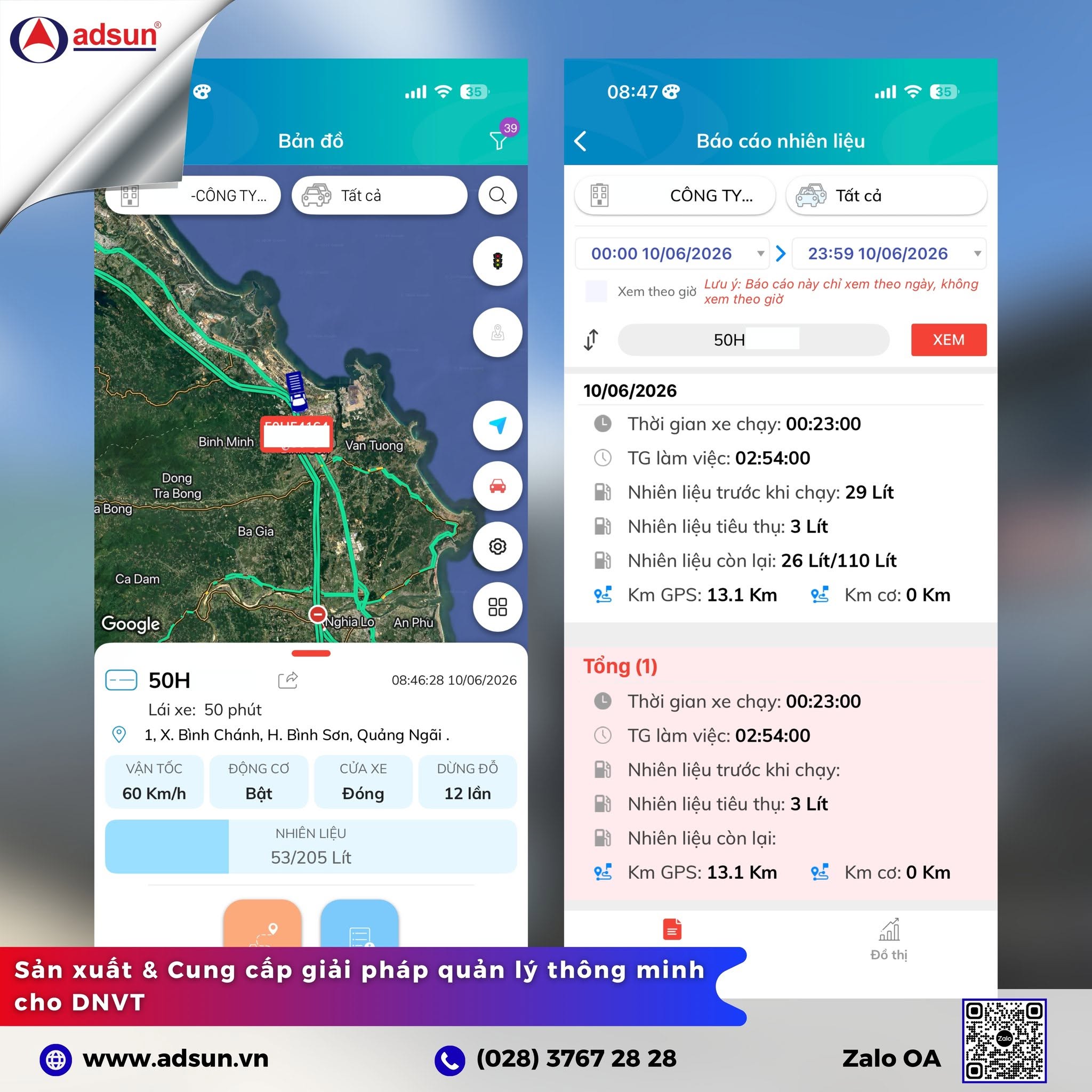 Biểu đồ theo d&otilde;i lượng ti&ecirc;u hao nhi&ecirc;n liệu xe ben trực quan tr&ecirc;n ứng dụng Adsun GPS.