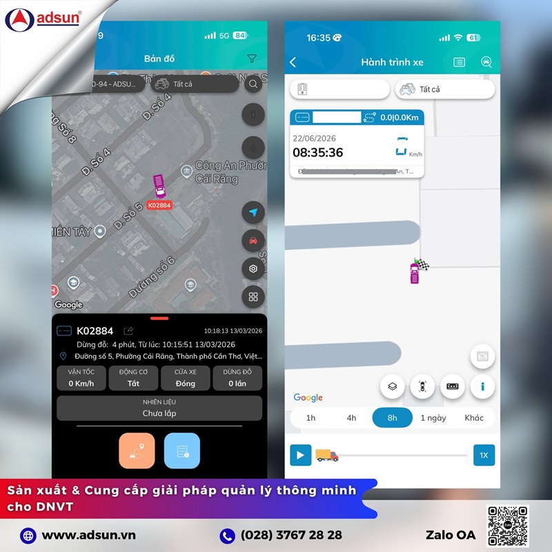 Theo d&otilde;i vị tr&iacute; v&agrave; tốc độ xe tải trực tuyến qua ứng dụng quản l&yacute; Adsun GPS tr&ecirc;n điện thoại.