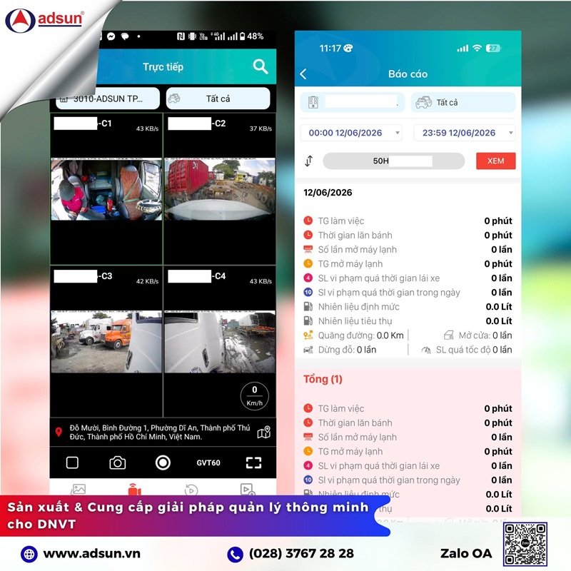 Quản l&yacute; xe đầu k&eacute;o trực tuyến, xem livestream 4 mắt camera cực n&eacute;t qua ứng dụng Adsun GPS.