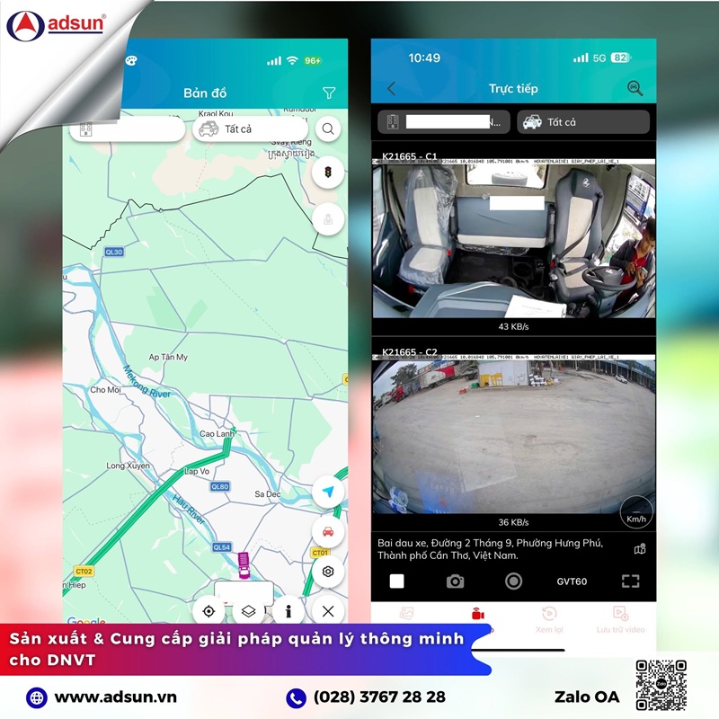 Theo d&otilde;i vị tr&iacute; xe tải v&agrave; xem trực tiếp h&igrave;nh ảnh camera qua ứng dụng quản l&yacute; Adsun GPS.